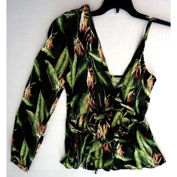 BCBGMAXAZRIA Women's Sz S Black Bird of Paradise One Sleeve Printed Top - Picture 1 of 6